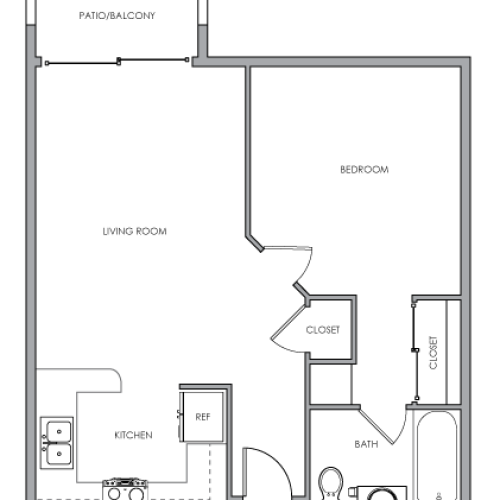 2D One-bedroom, one-bathroom floor plan