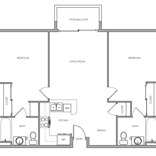 2D two-bedroom, two-bathroom floor plan