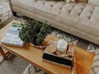 livingroom - close up of beige sofa and coffee table with decorative items