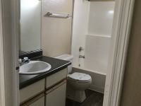 full bath with shower-tub combo and black vanity at Monterey Apartments