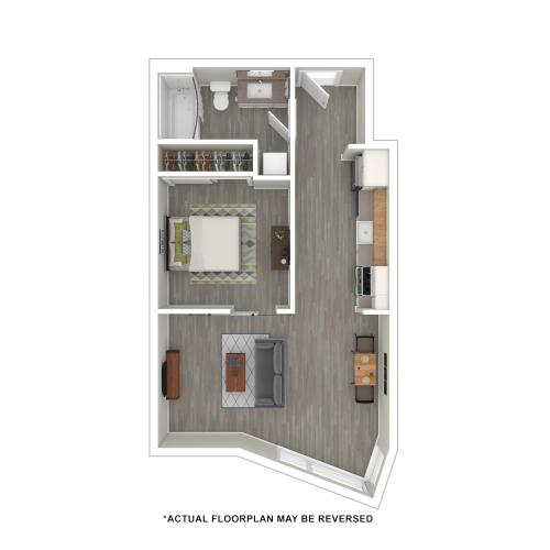 3D Furnished Floor Plan 1x1 B, C, D