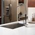 Vicostone Marble-Effect Quartz Counters, Deep Farm-style sink with single handle sprayer faucet