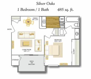 Bay Window 1 Bdrm Floor Plan | One Bedroom Apartments In San Antonio TX | Silver Oaks Apartments