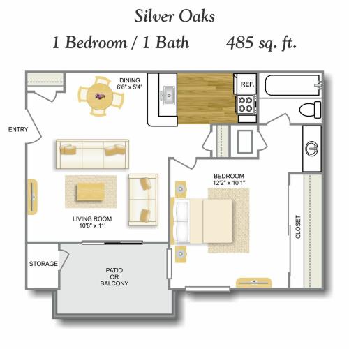 1 Bdrm Floor Plan | One Bedroom Apartments In San Antonio TX | Silver Oaks Apartments