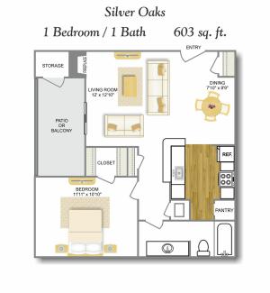 Bay Window 1 Bedroom Floor Plan | Apartments In Leon Valley San Antonio TX | Silver Oaks Apartments