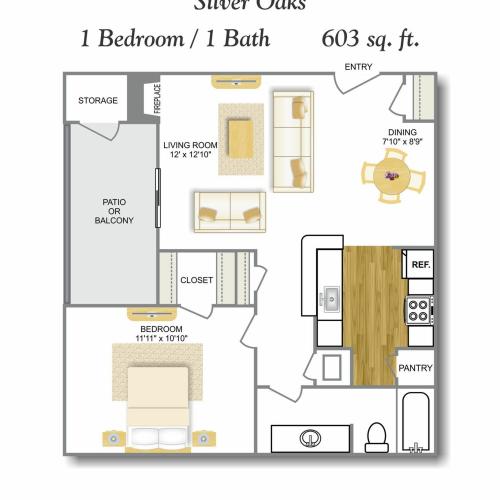 Bay Window 1 Bedroom Floor Plan | Apartments In Leon Valley San Antonio TX | Silver Oaks Apartments