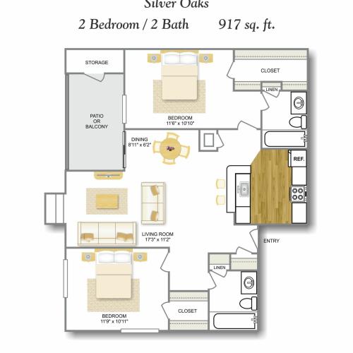 2 Bedroom Floor Plan | Apartments For Rent San Antonio TX | Silver Oaks Apartments
