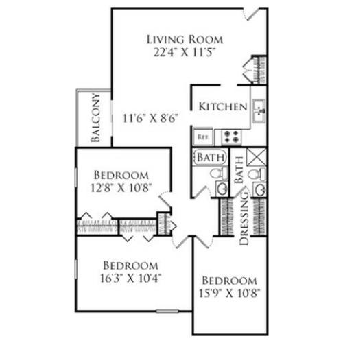 3 Bedroom Floor Plan | Fall River Apartments for rent | South Winds