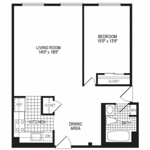 A1A - 1 Bedroom Floor Plan | Apartments in Springfield MA | Stockbridge Court