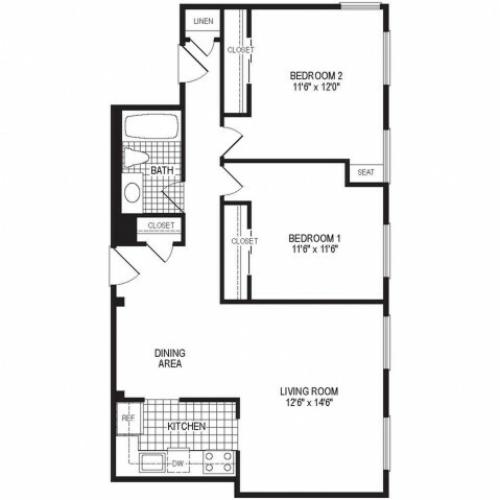 B1AK - 2 Bedroom Floor Plan | Springfield MA Luxury Apartmetns | Stockbridge Court