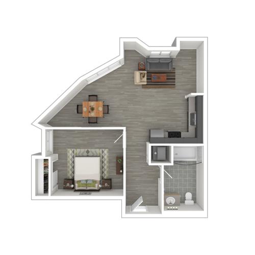 Staged One Bedroom / One Bath Floor Plan - 657 Square Feet
