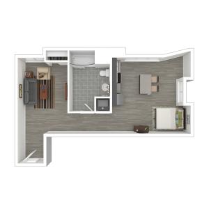 Staged studio floor plan with island - 588 square feet