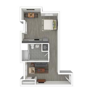 Staged studio floor plan, 594 square feet