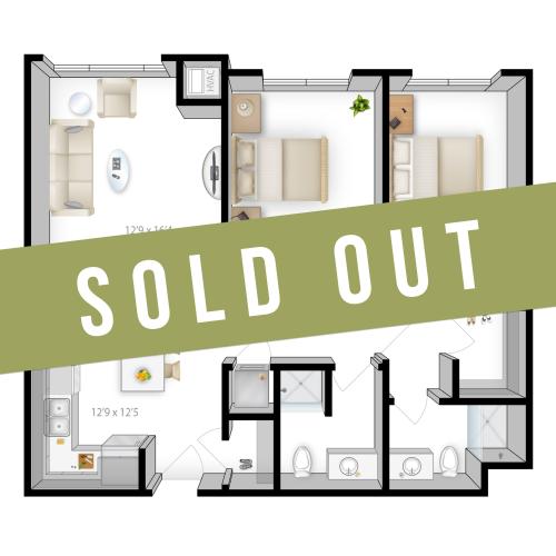 2 bedroom floor plan with sold out banner