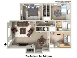 Two bedroom one bath floor plan image showing open living room and dining room, galley kitchen, one bathroom, and two spacious bedrooms