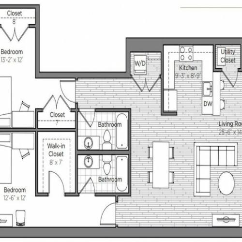 Floor Plan of a 2 bedroom 2 bathroom apartment