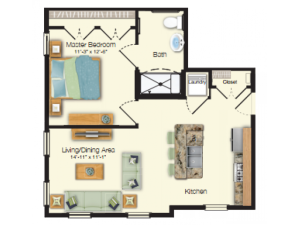 Floor plan drawing of a one bed one bath 609 sq ft apartment