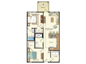 Floor plan drawing of a two bed two bath 920 sq ft apartment