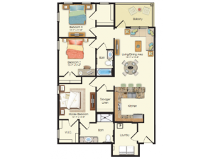Floor plan drawing of a three bed two bath 1,374 sq ft apartment