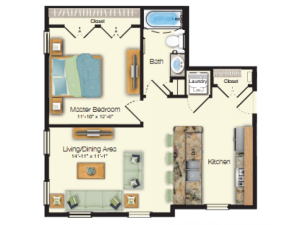 Floor plan drawing of a one bed one bath 609 sq ft apartment