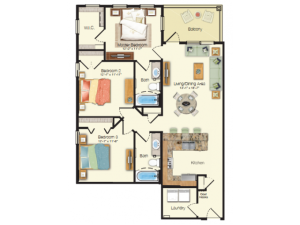 Floor plan drawing of a three bed two bath 1,196 sq ft apartment