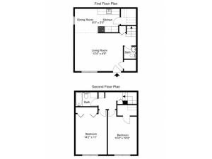 Two Bedroom, one and a half bath townhome floor plan