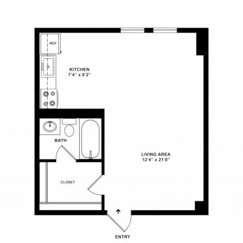 440 sq ft Studio Standard Floorplan