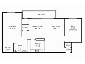 One bedroom with den floor plan. Dining room and living room between the two bedroom and den.