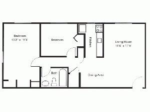 Floor plan of a 1 bedroom, 1 bathroom apartment