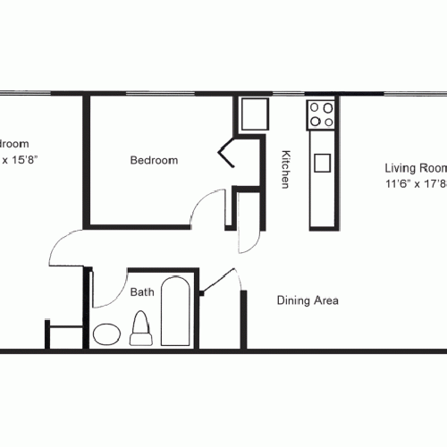 Floor plan of a 1 bedroom, 1 bathroom apartment