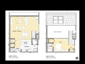 1 bedroom 1 bathroom floorplan. Living space and kitchen with lofted bedroom upstairs