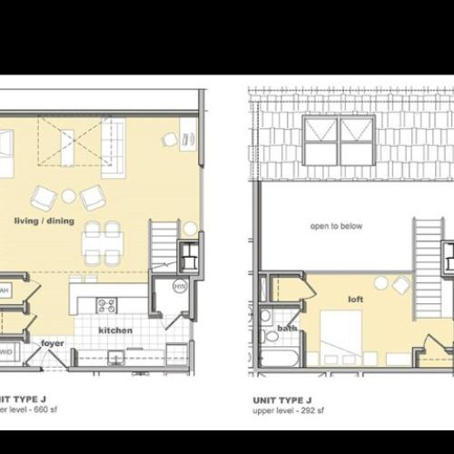 1 bedroom 1 bathroom floorplan. Living space and kitchen with lofted bedroom upstairs