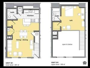 1 bedroom 1.5 bathroom floorplan. Living space and kitchen with lofted bedroom upstairs