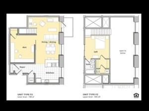 1 bedroom 1 bathroom floorplan with a den. Living space and kitchen, den closed in on three sides with lofted bedroom upstairs