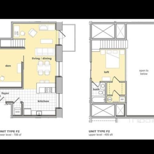 1 bedroom 1 bathroom floorplan with a den. Living space and kitchen, den closed in on three sides with lofted bedroom upstairs