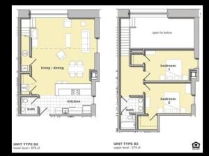 2 bedroom, 1.5 bathroom floorplan. Living space and kitchen with two bedrooms upstairs