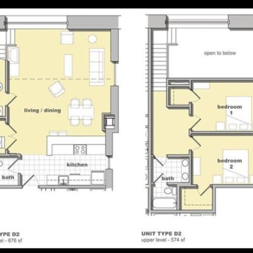 2 bedroom, 1.5 bathroom floorplan. Living space and kitchen with two bedrooms upstairs