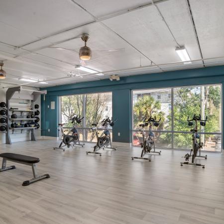 exercise bikes on the second floor of the fitness at the luxe on west call