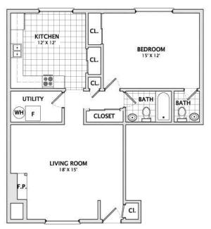 floorplan with 1 bedroom, 1.5 baths