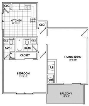 1 bedroom, 1.5 bathroom floorplan with balcony.