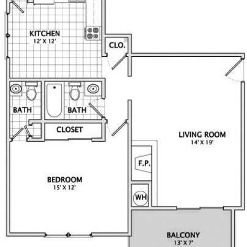 1 bedroom, 1.5 bathroom floorplan with balcony.