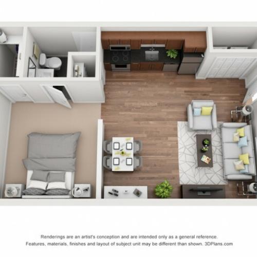 Our Downtown floor plan is available in riverfront and non-riverfront locations. This is a studio-style, ground level apartment home. All of our floor plans interiors are consistent throughout and include upgraded appliances.