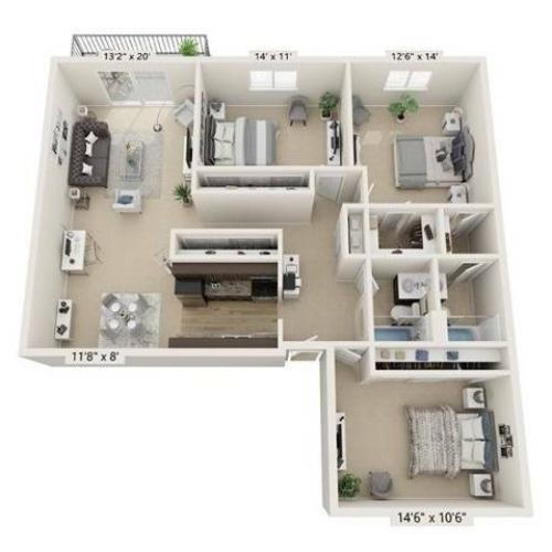 Glen Oak; Spacious 3 bedroom 2 bath 3D floorplan.