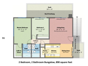 2x2 Bungalow 890 SF Floorplan