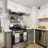 kitchen with stainless steel appliances and grey and white cabinets