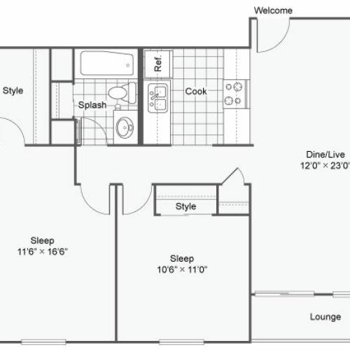 2 Bedroom Floor Plan | Apartments Chesterfield Mo | Magnolia Apartment Homes