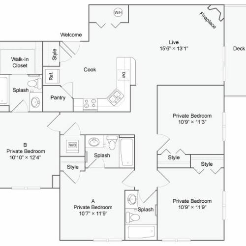 4 Bedroom Floor Plan | The Social West Ames Apartment Homes for Rent in Ames IA 50014