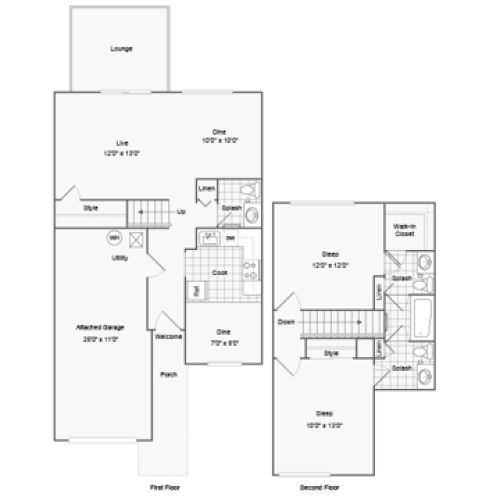 Townhouse Floorplan: 2 Bedrooms/3.5 Bathrooms