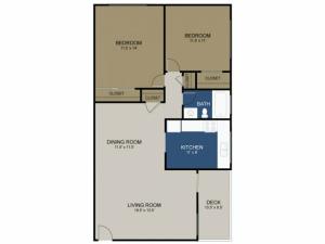 Two-bedroom floor plan with a deck at the Commons at Fallsington