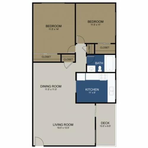 Two-bedroom floor plan with a deck at the Commons at Fallsington